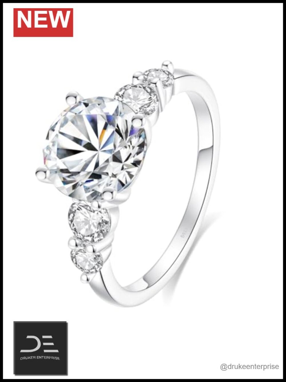 3.8CT Moissanite Engagement Ring, 5 Stone D VVS1, S925 Sterling Silver 18K